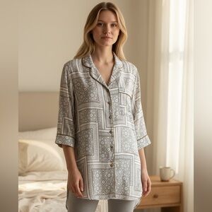 NWOT ANN TAYLOR 100% SILK GRAY & GOLD PRINTED PAJAMA SLEEP SHIRT OR TOP (L)